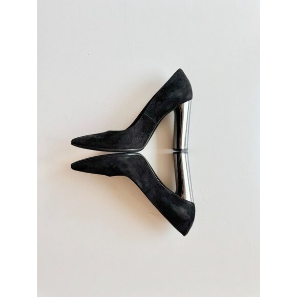 CASADEI Black Suede Leather Pointed Toe High Mirrored Block Heel Pumps, Size 36 - Picture 11 of 16